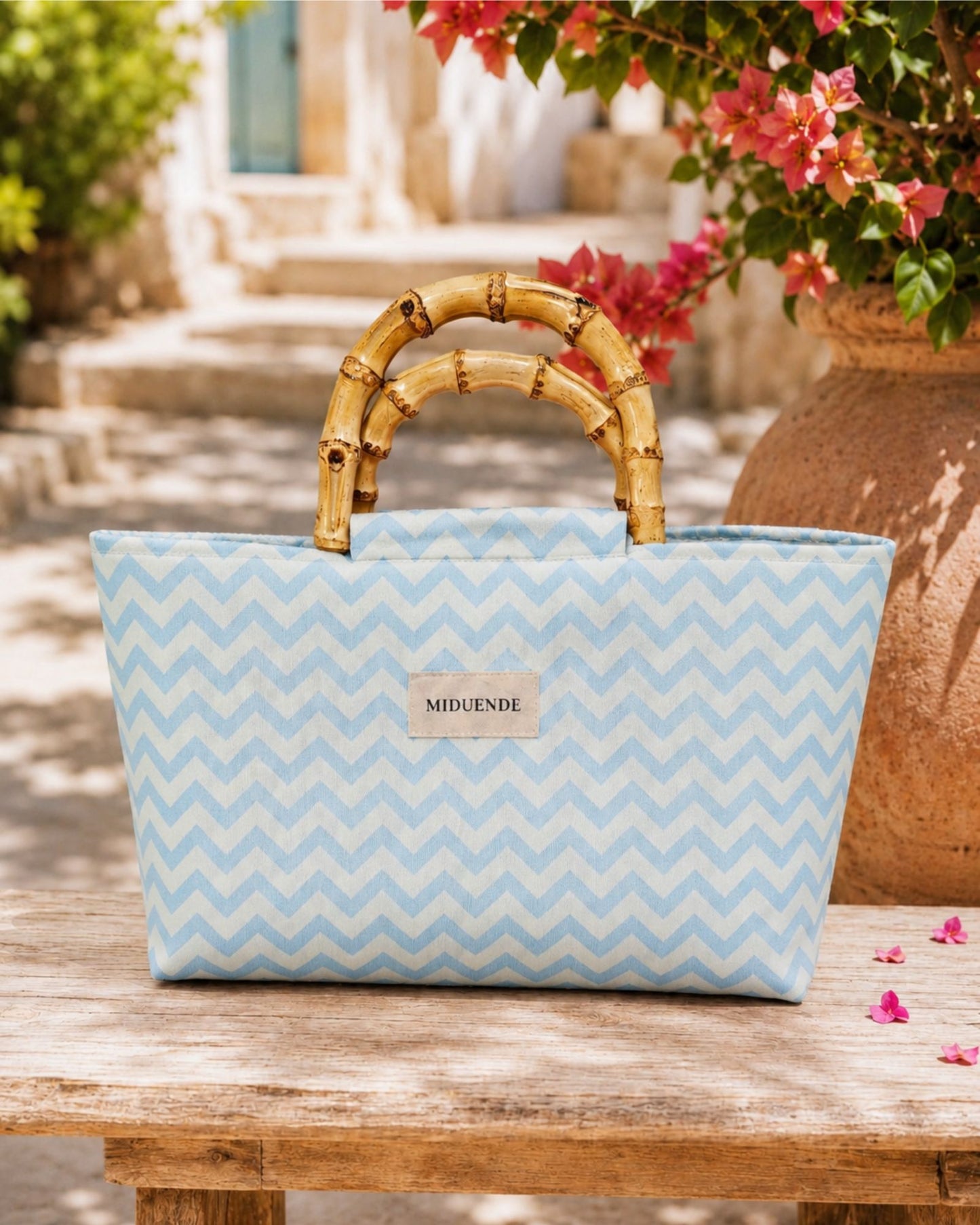 bolso de tela zigzg azul con asas de madera de bambú personalizable Miduende