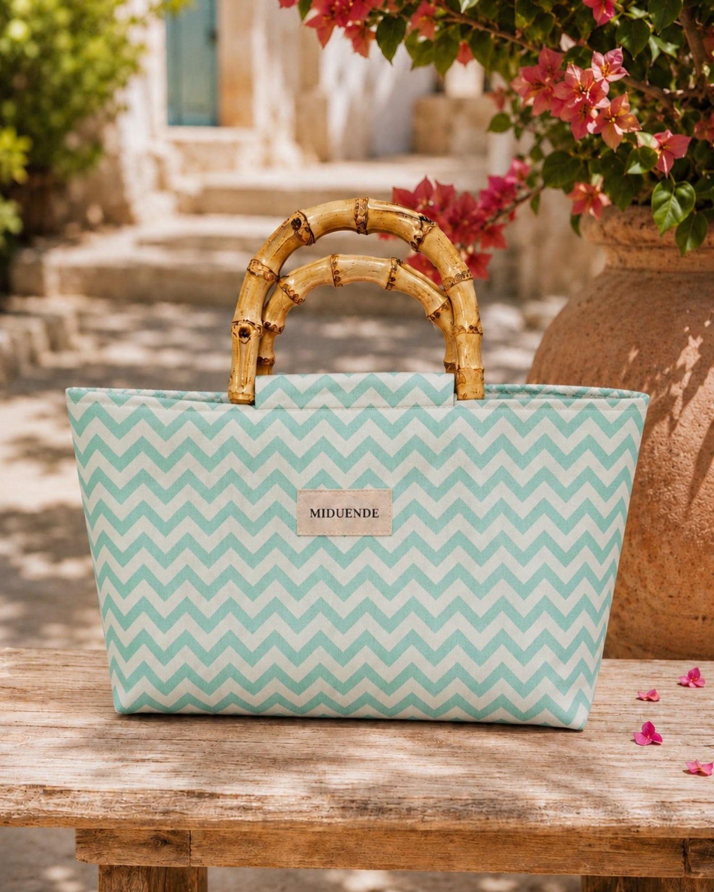 Bolso de tela zigzag verde con asas de mader4a de bambú MiDuende,personalizable