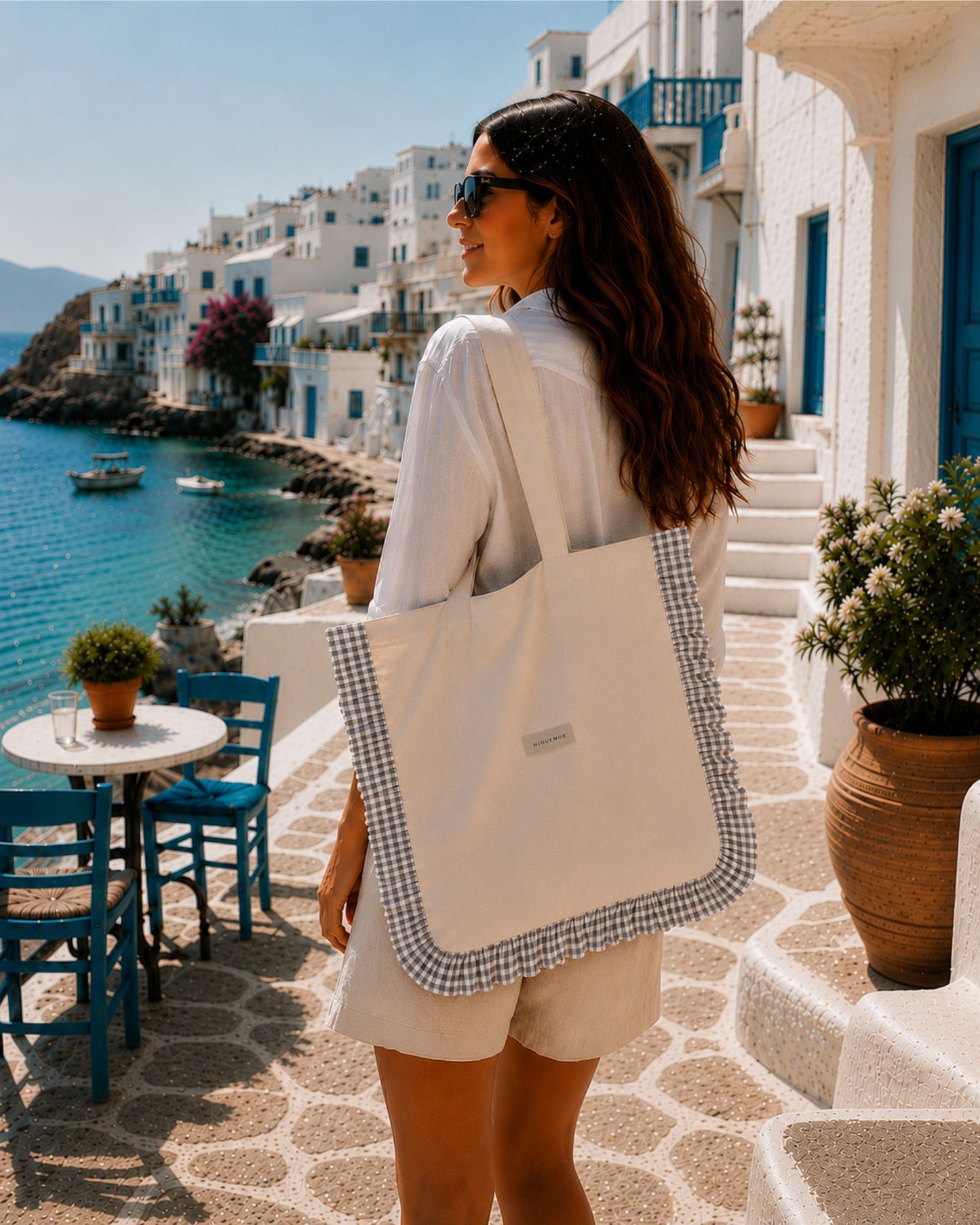 Bolso tote de lino natural con volante decorativo en tela vichy gris personalizable de MiDuende
