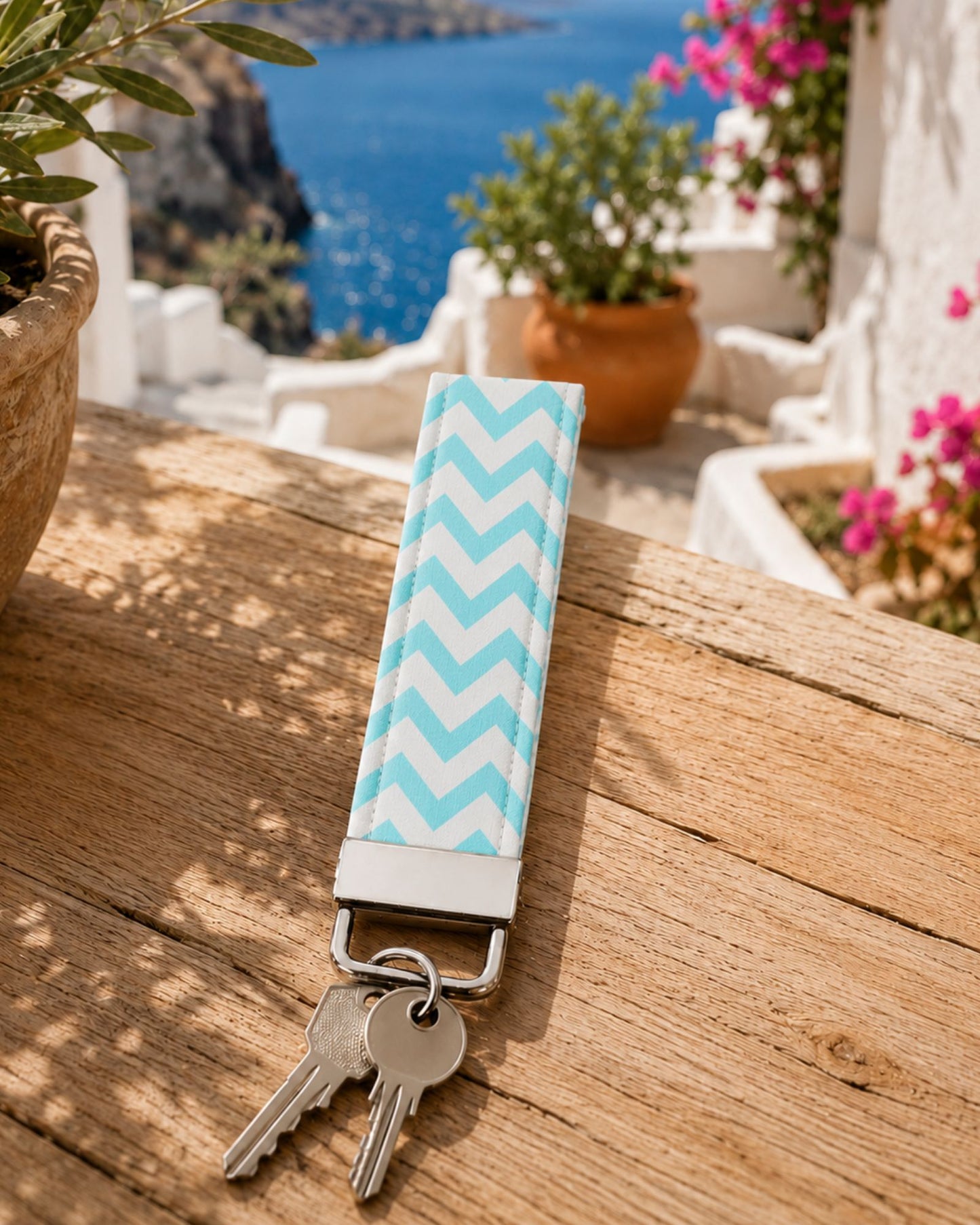 Llavero de teal en loneta zigzag verde,personalizable MiDuende