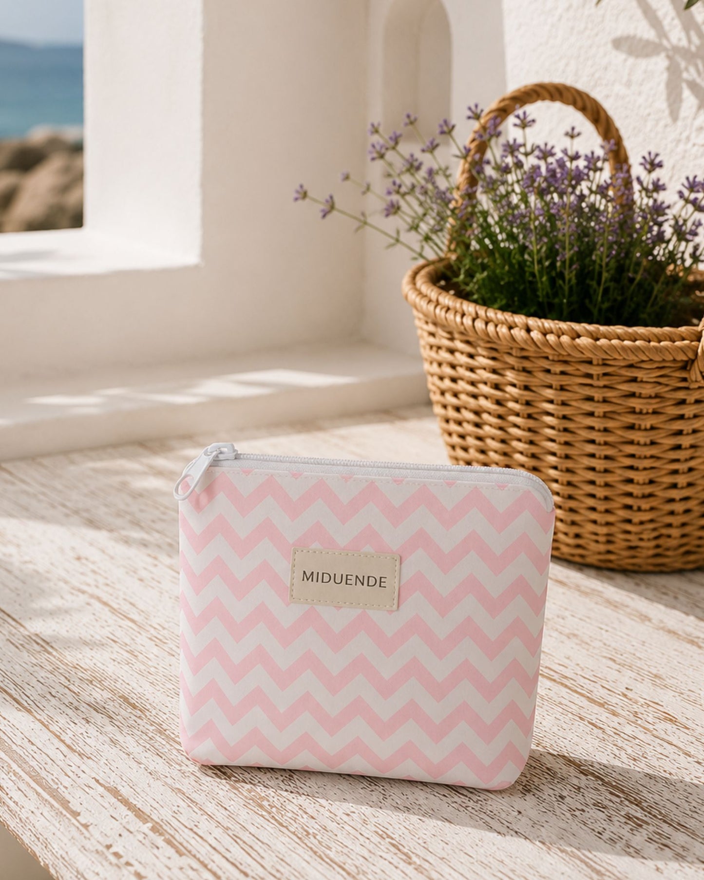Neceser para aseo intimo mujer en tela loneta zigzag rosa Miduende
