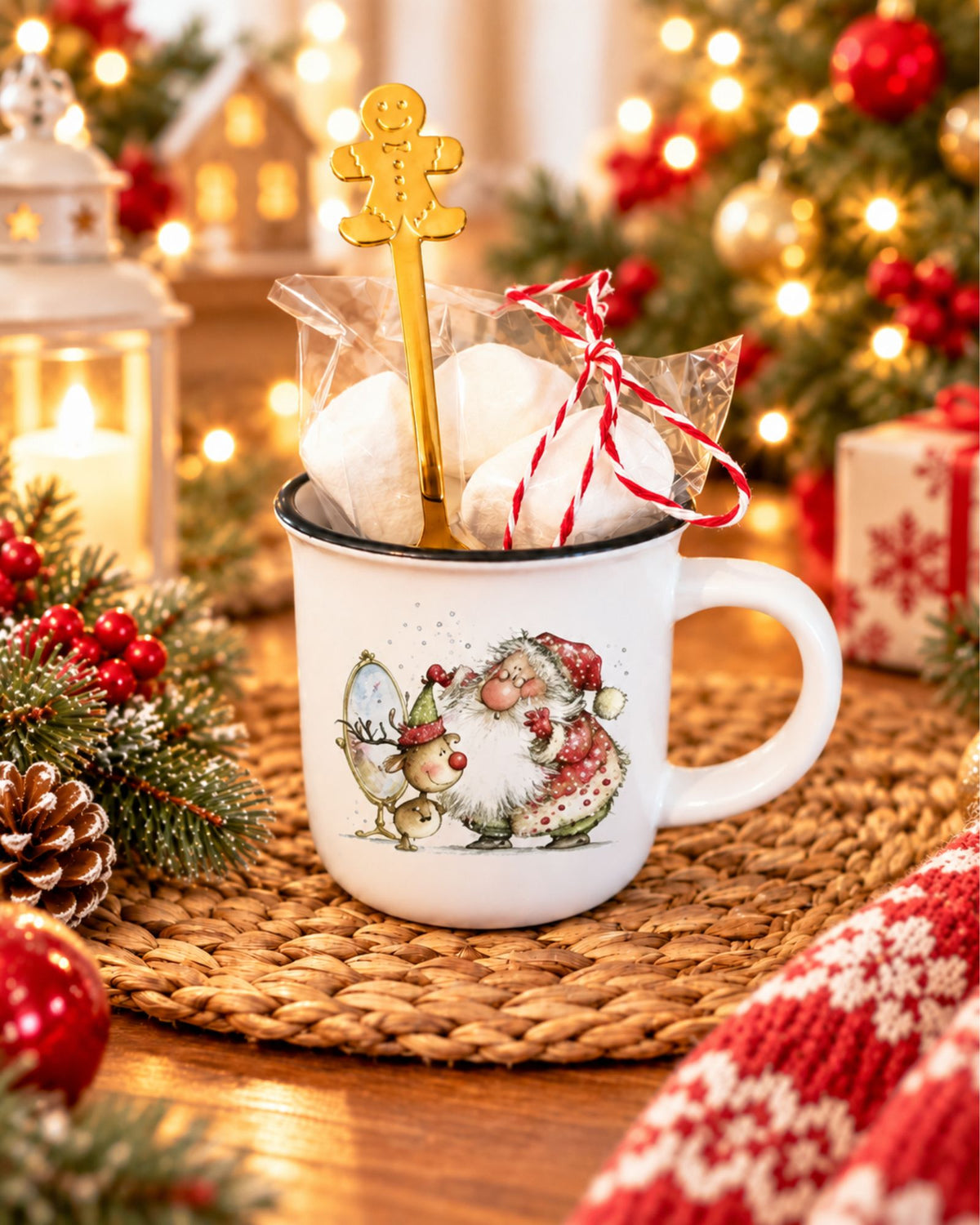 Taza de porcelana con decoración navideña papá Noel y reno personalizable de Miduende