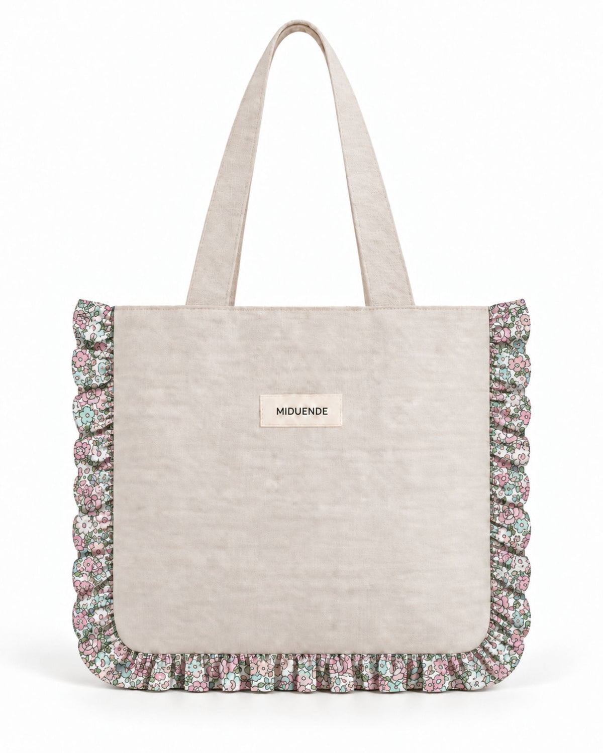 Totebag de lino con asas cortas y volante decorativo en tela floral rosa