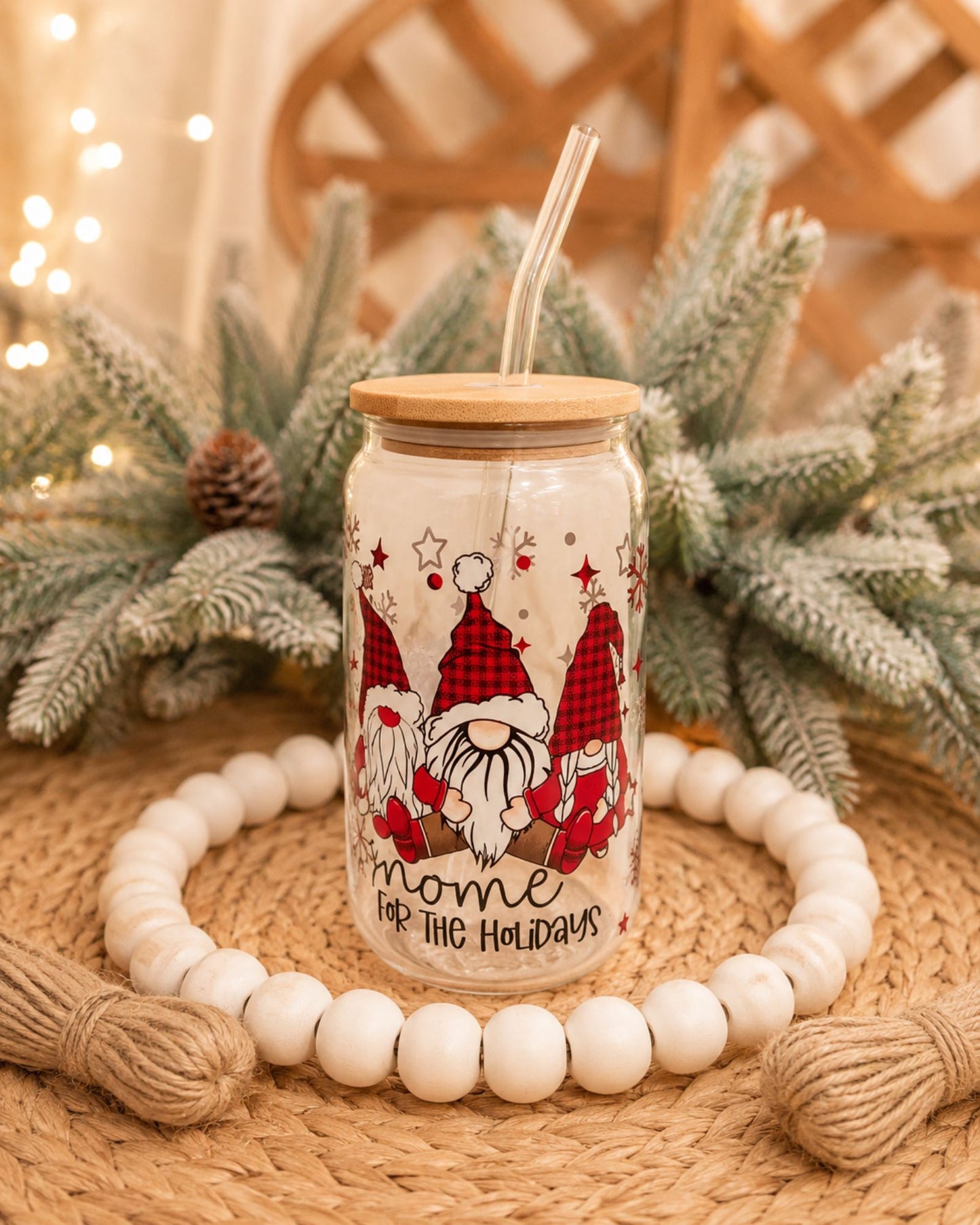 Vaso de cristyal con pajita y tapa de bambú, el regalo perfecto apra navidad