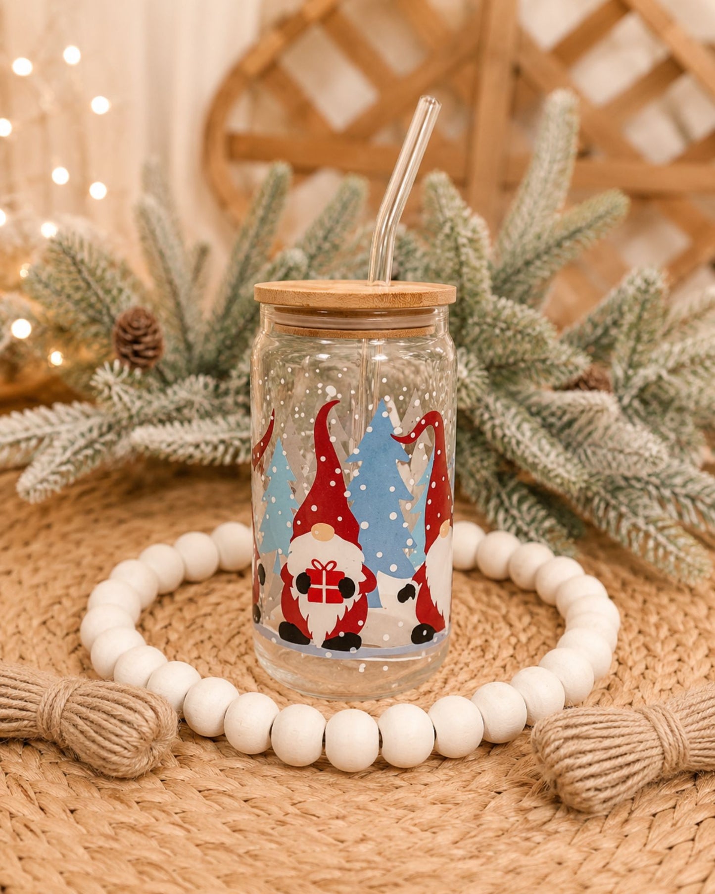 Vaso de cristal con pajita y tapa de bambú ideal para regalar en navidad