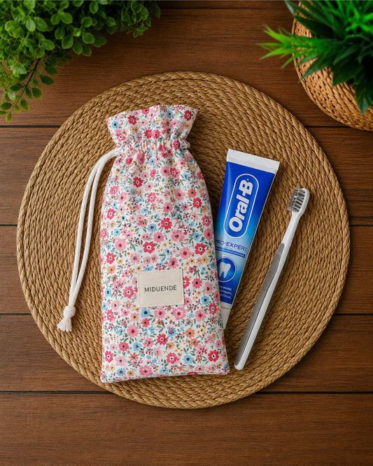 Bolsa porta cepillo de dientes personalizada MiDuende en tela Zara para guardar cepillo y pasta de dientes