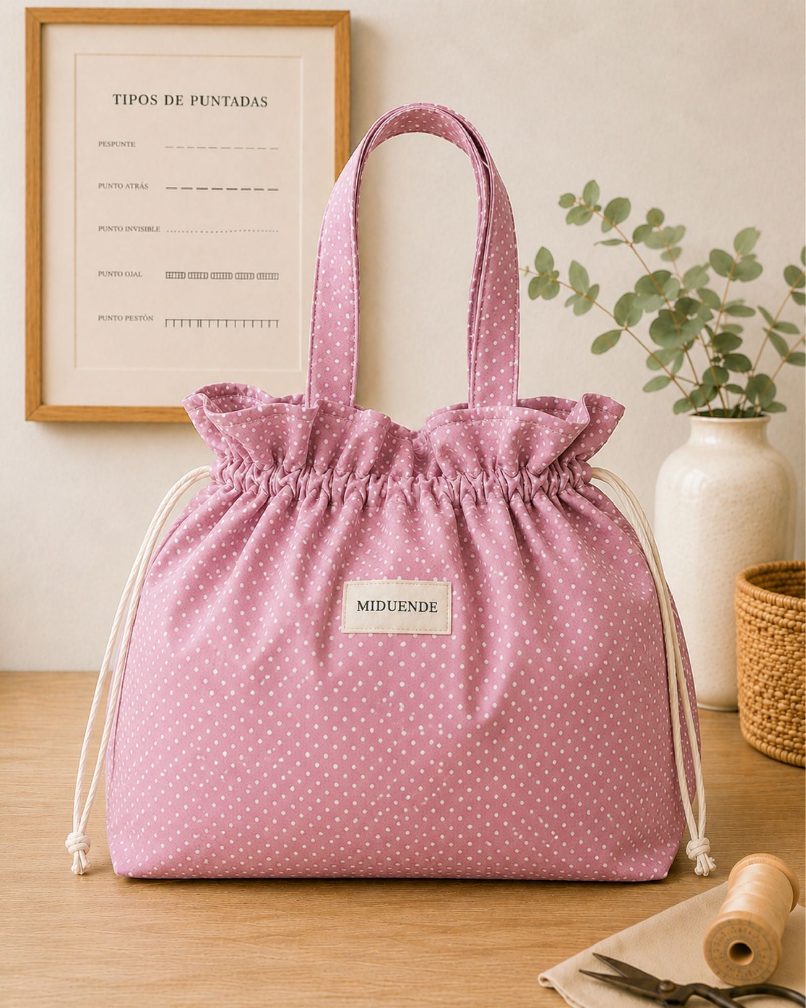 Bolsa saco para labores personalizada en tela topitos frambuesa MiDuende