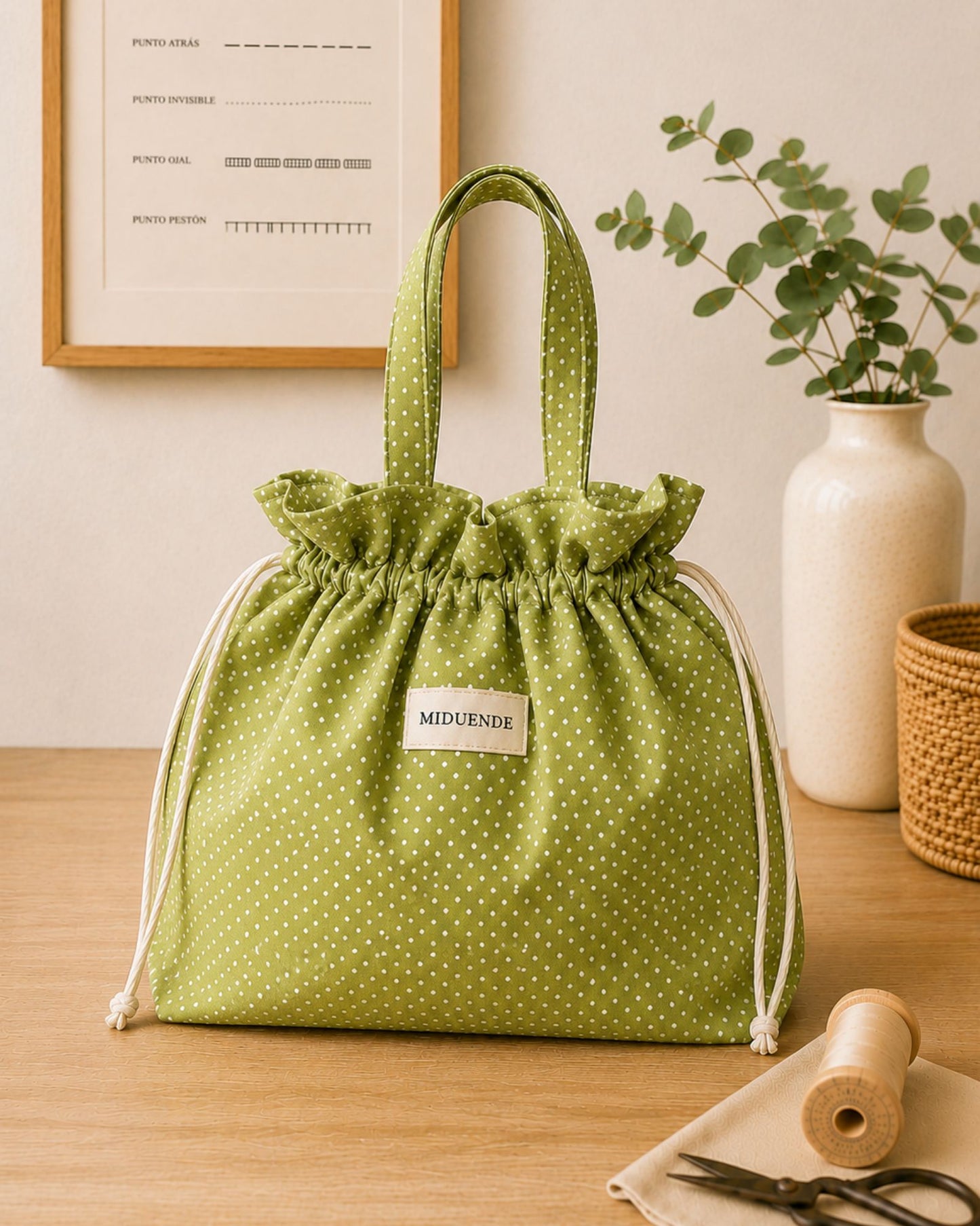 Bolsa saco para labores personalizada en tela topitos verde MiDuende