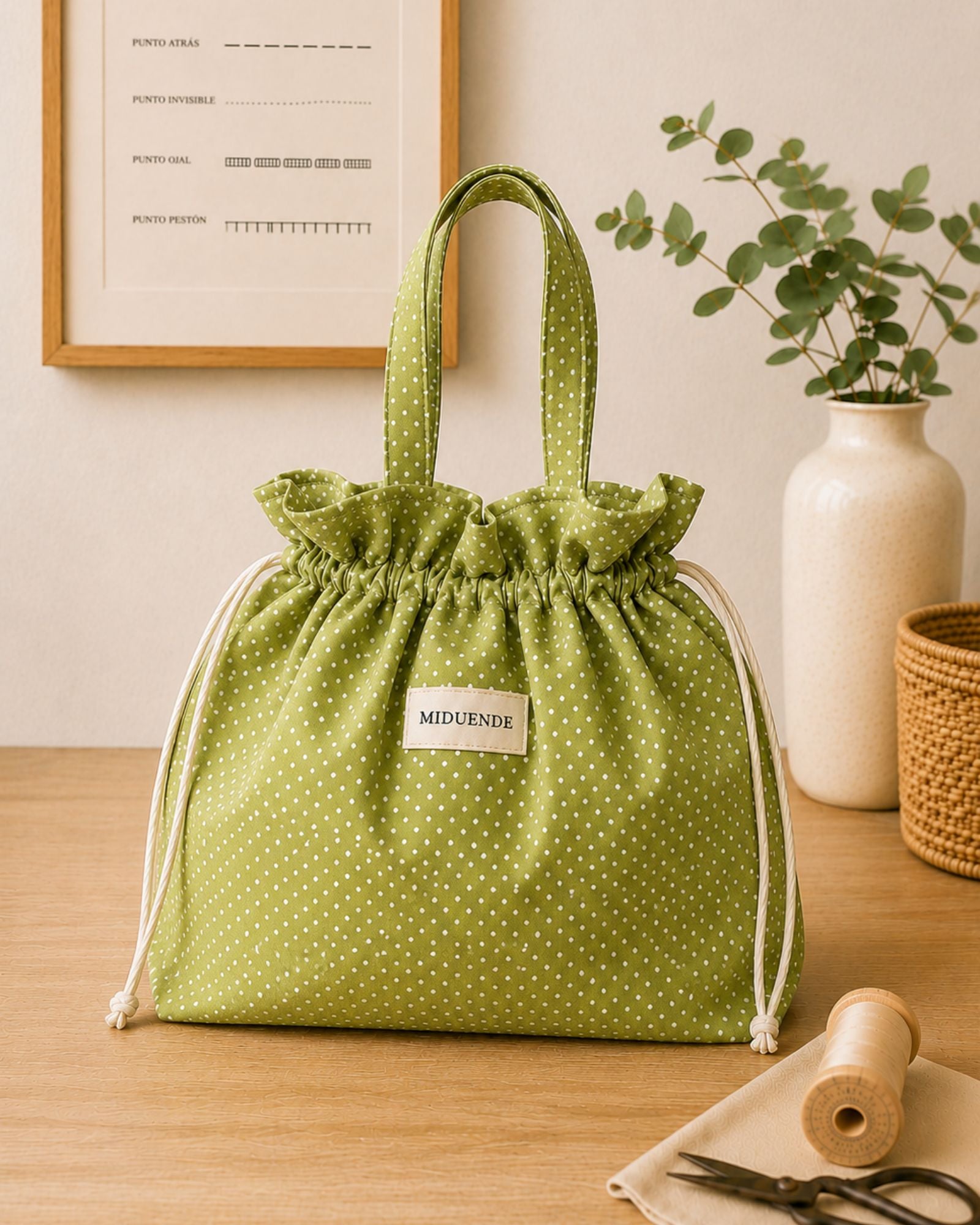 Bolsa saco para labores personalizada en tela topitos verde MiDuende