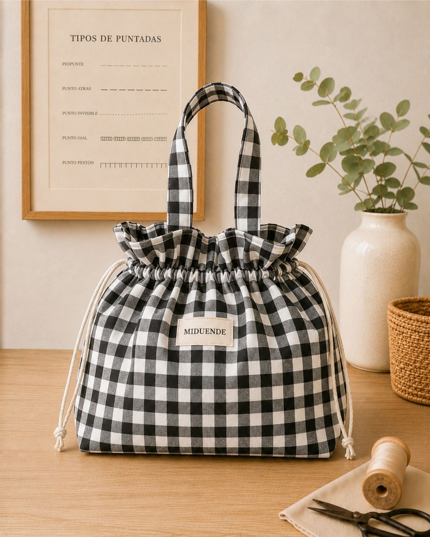 Bolsa saco para labores personalizada vichy negro 1 cm MiDuende