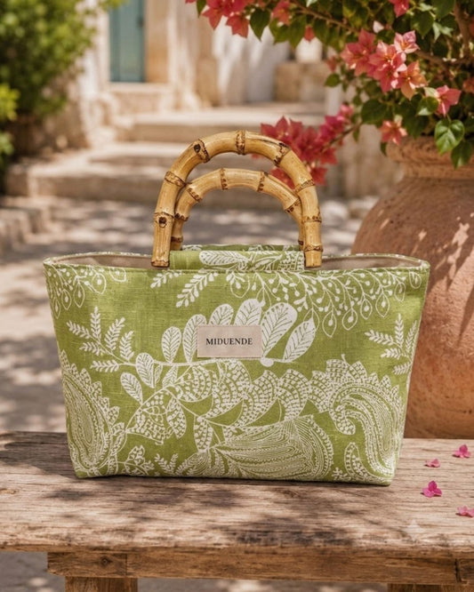 Bolso para mujer en tela de loneta estampada con asas de bambú de MiDuende, interior en tela lisa