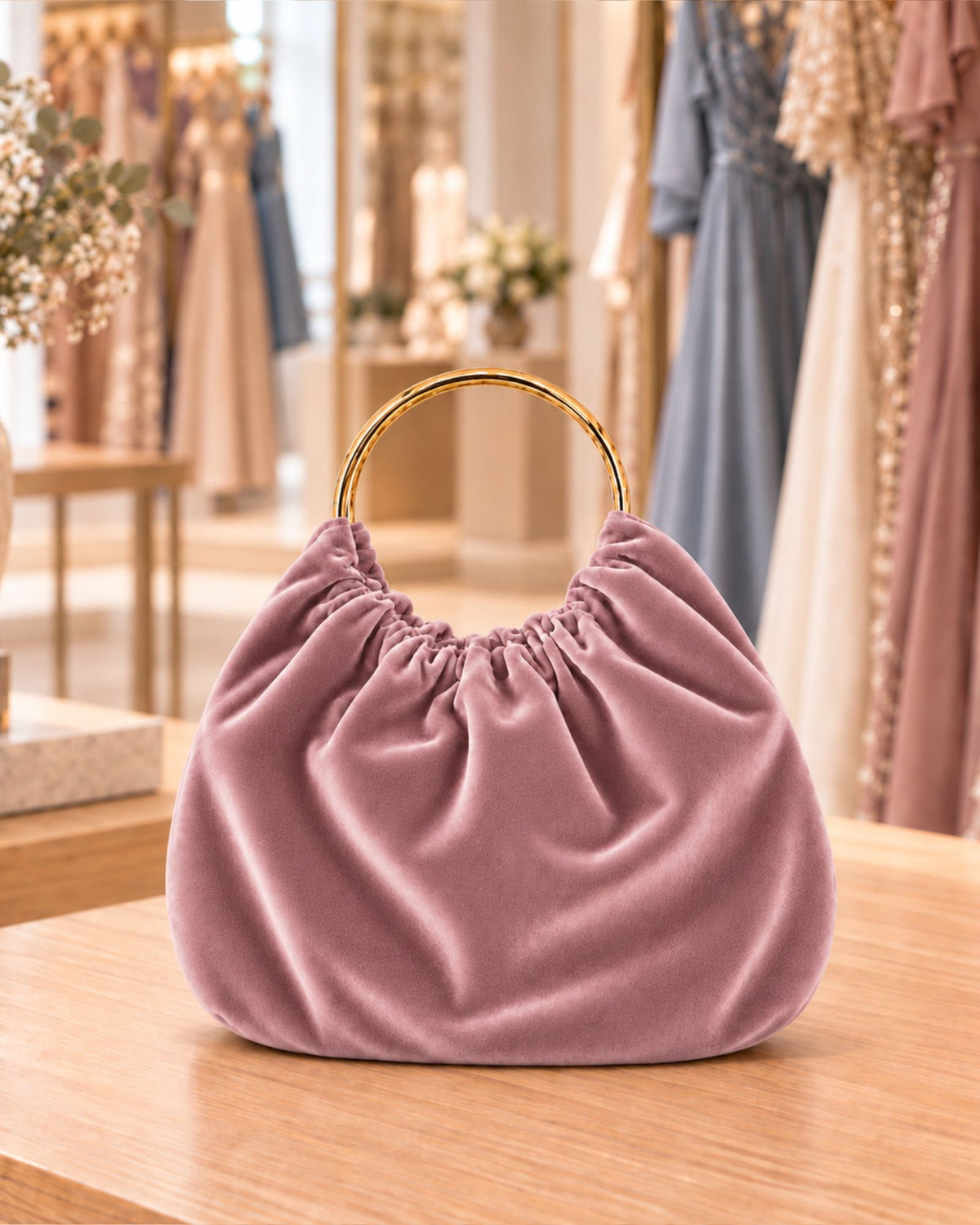 Bolso Velvet para invitada o eventos en teriopelo malva y aros dorados.