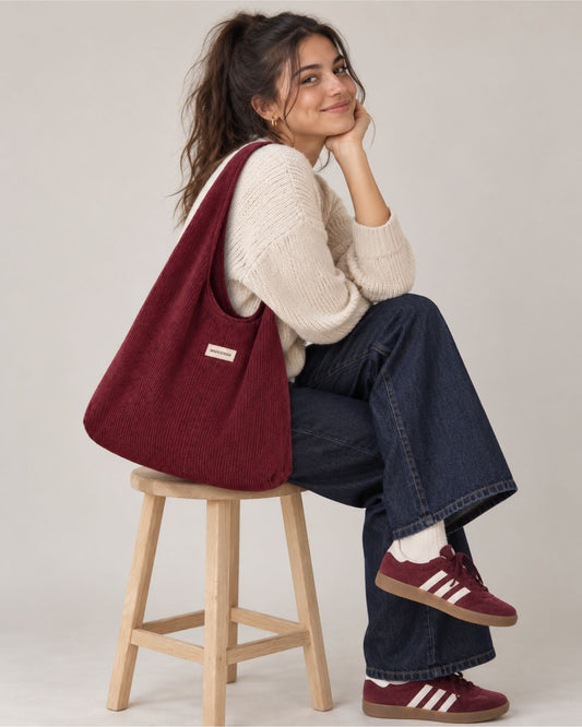 Bolso Hobo en tela de pana color vino, personalizable con nombre o iniciales.