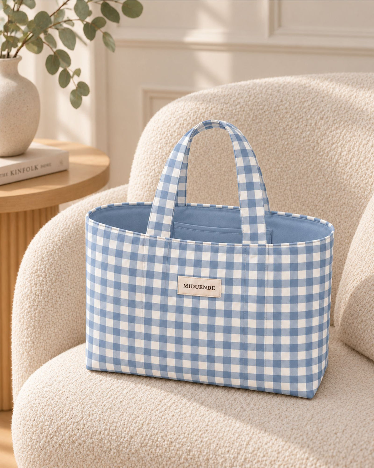 Bolso shopper en tela de vichy azul con forro y bolsillo interior, personalizable.