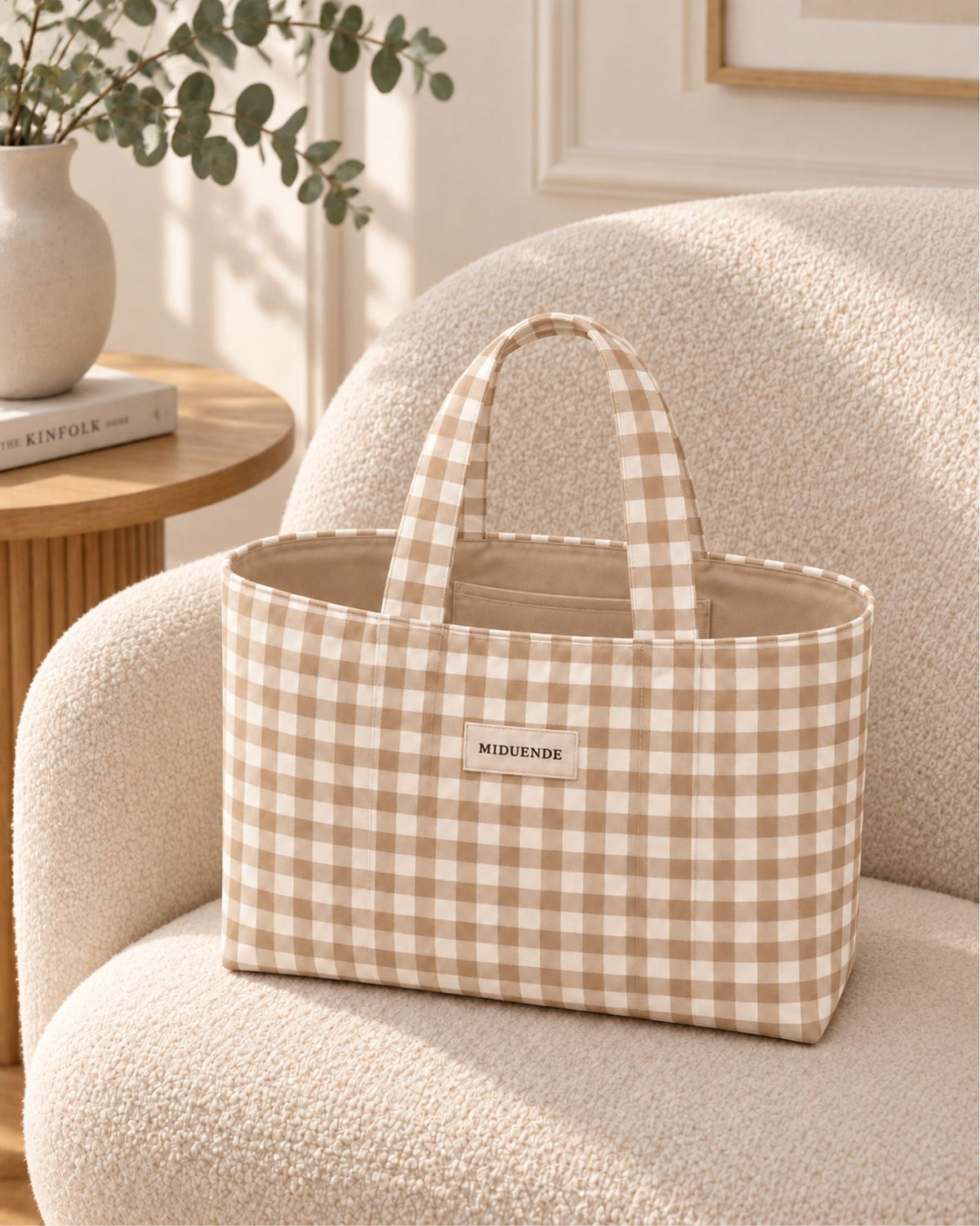 Bolso shopper en tla de vichy beige con bolsillo interior y personalizable.