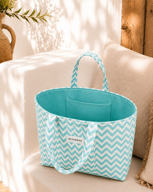 Bolso shopper en loneta de zigzag verde con bolsillo interior personalizable para mujer de MiDuende