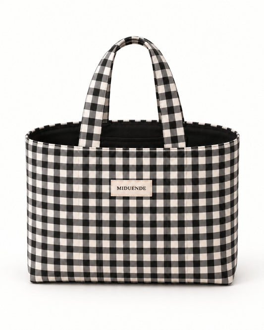 Bolso shopper en tela de vichy negro de 1 cm con asas cortas.