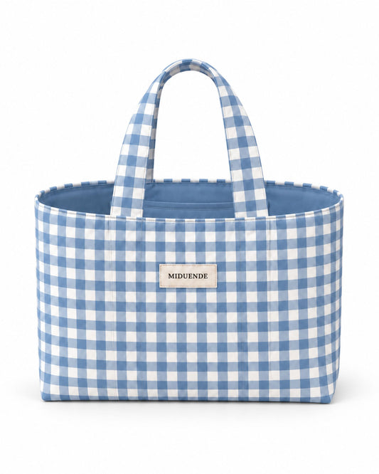 Bolso Shopper en tela de vichy azul 1 cm con asas cortas.