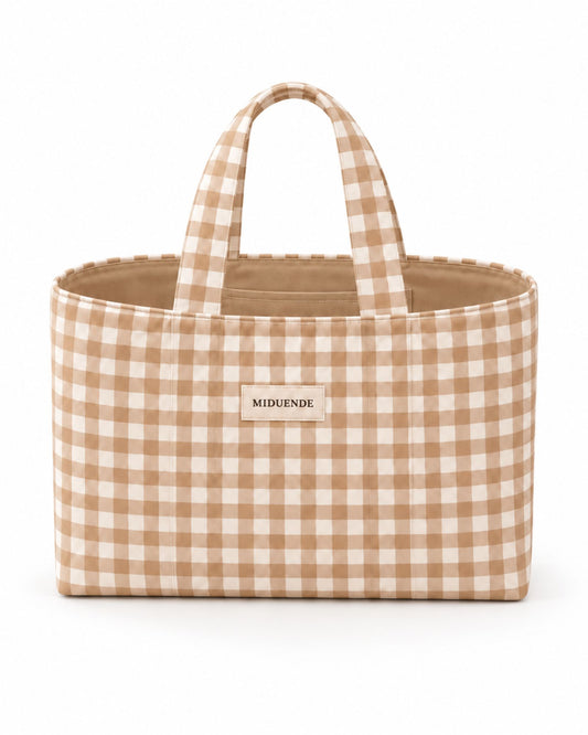 Bolso Shopper en tela de vichy beige 1 cm con asas cortas.