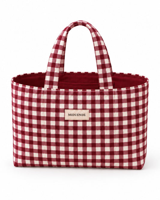 Bolso Shopper en tela de vichy burdeos 1 cm con asas cortas.