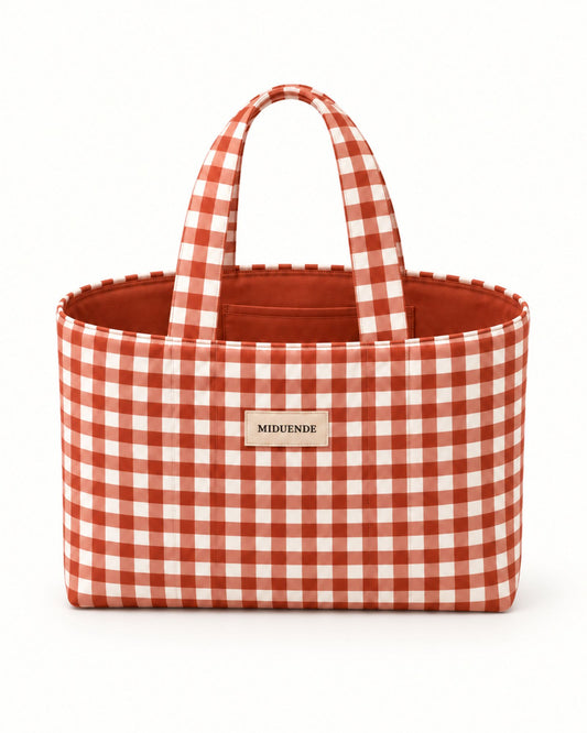 Bolso Shopper en tela de vichy caldera 1 cm con asas cortas.