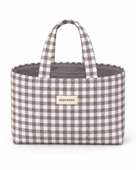 Bolso Shopper en tela de vichy gris 1 cm con asas cortas.