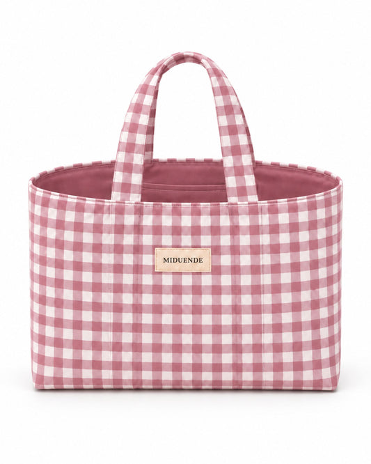 Bolso Shopper en tela de vichy malva 1 cm con asas cortas.