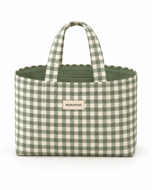 Bolso Shopper en tela de vichy verde 1 cm con asas cortas.