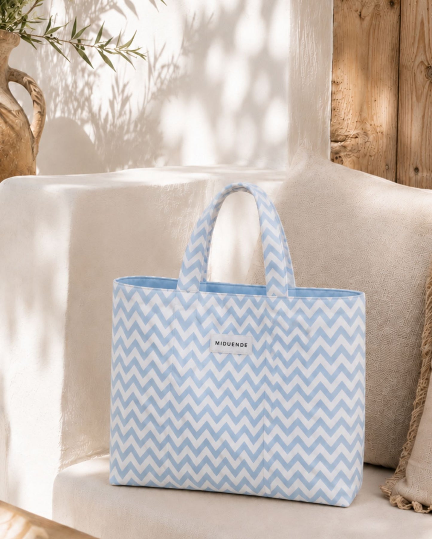 Bolso shopping de loneta zigzag azul perfecto para tu dia a dia, perosnalizable MiDuende