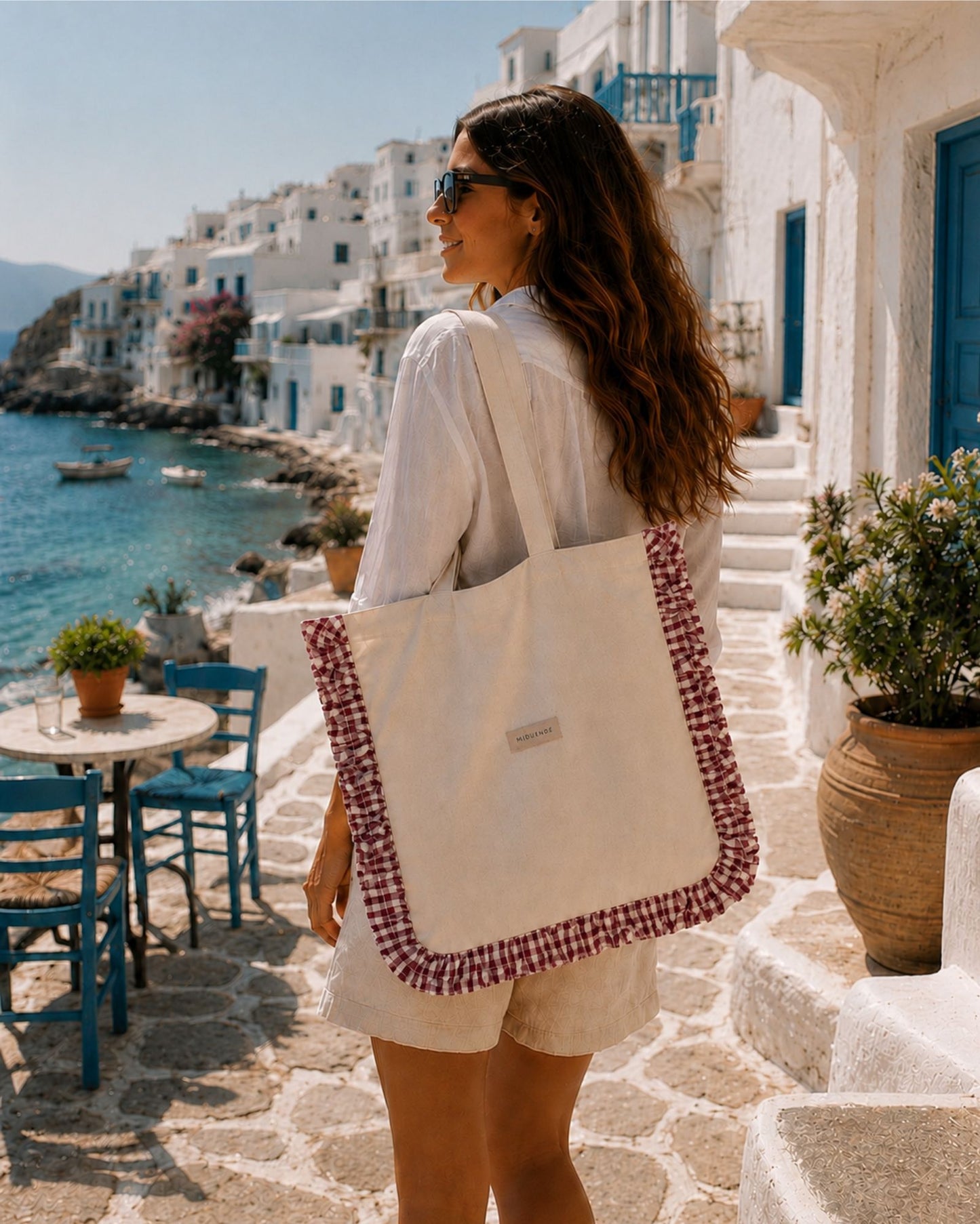 bolso tote en lino con volante decorativo en vichy biurdeos personalizable de MiDuende