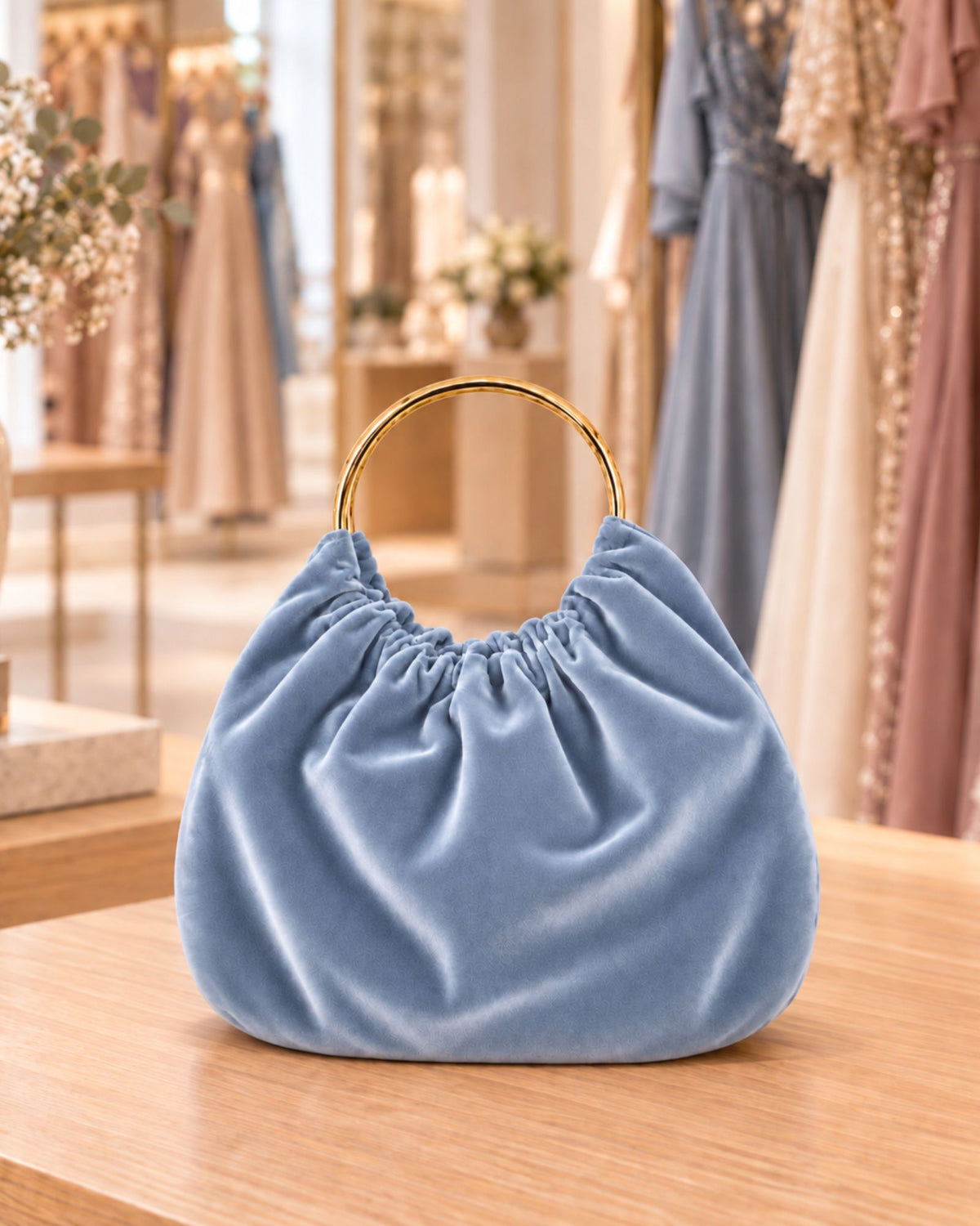 Bolso para eventos o invitada de boda en terciopelo azul y aros dorados.