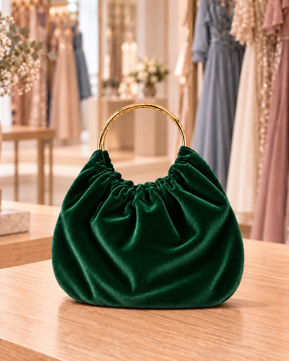 Bolso para eventos o invitada de boda en terciopelo verde y aros dorados.