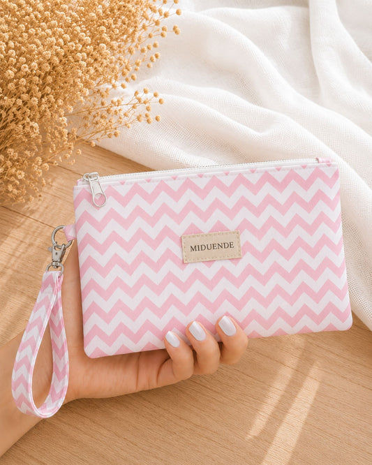Cartera de mano personalizable en tela de loneta zigzag rosa con asa para llevar de la muñeca para mujer Miduende