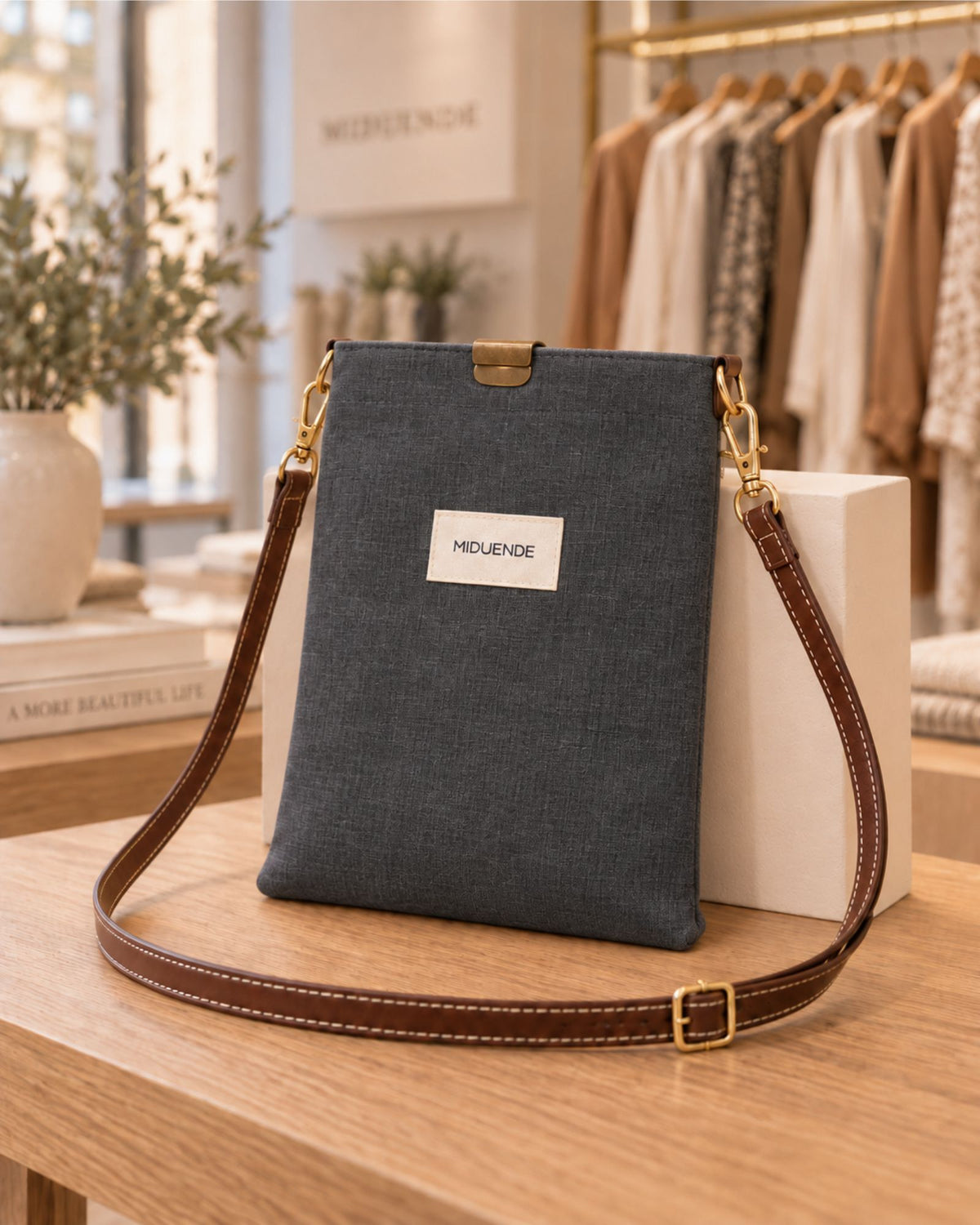 Bolso midi en Lino gris marengo con correa de cuero marrón, cómodo y práctico.