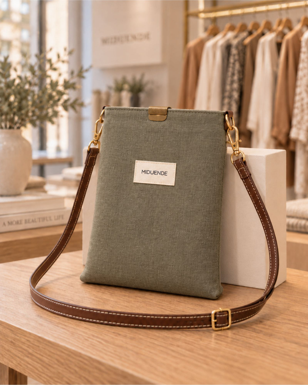 Bolso midi en Lino verde con correa de cuero marrón, cómodo y práctico.