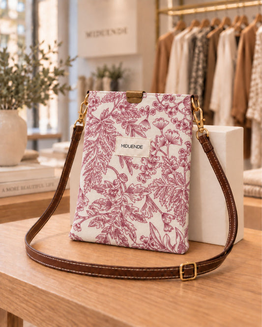Bolso midi en tela Jara rosa tipo bandolera con correa de cuero, pequeño y práctico.