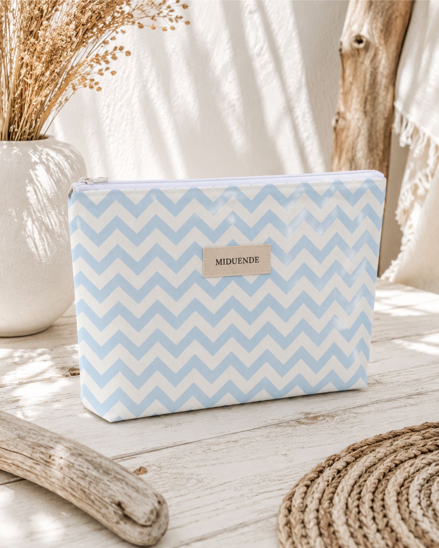 neceser maxi en tela zigzag azul personalizable de Miduende