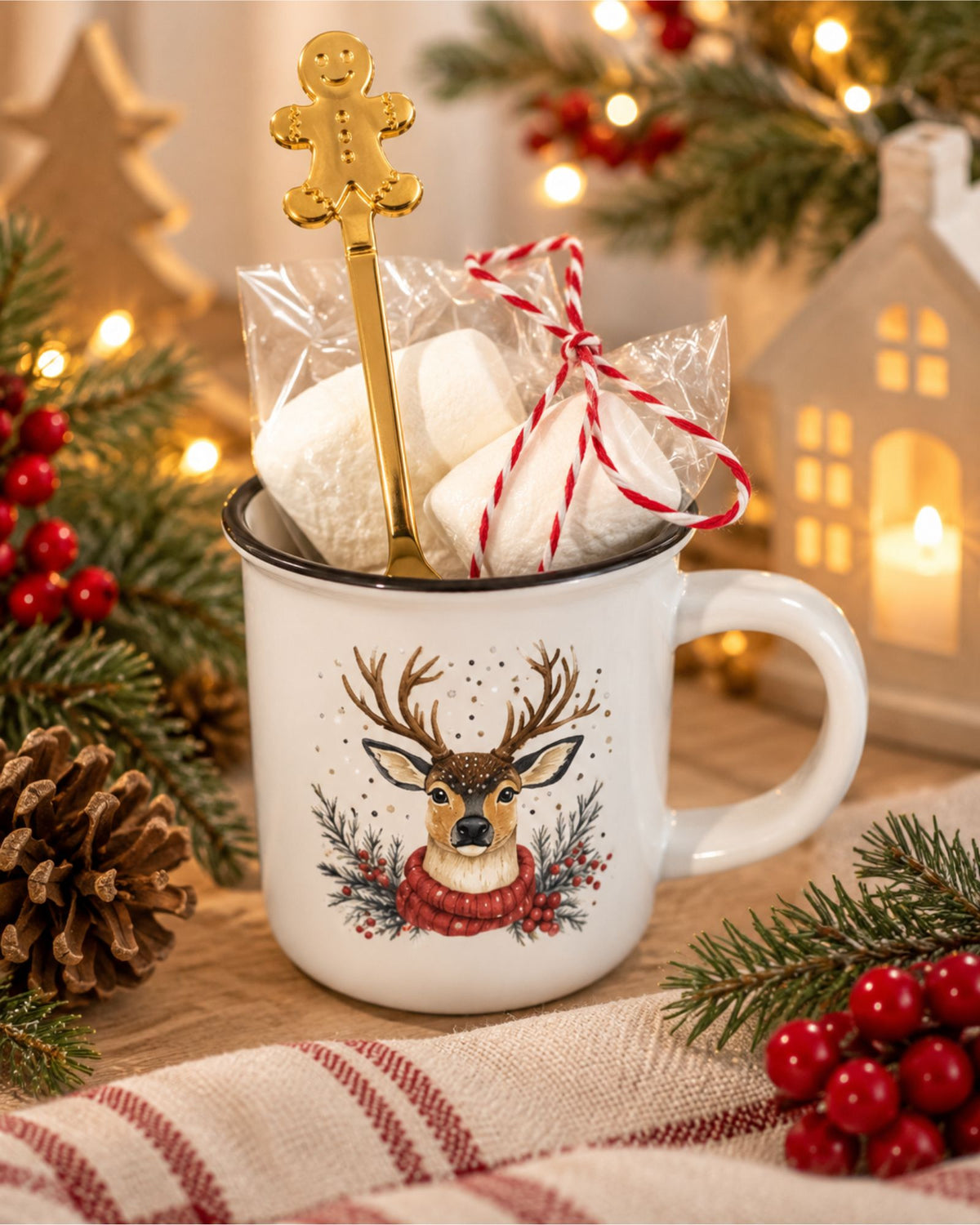 Taza de Navidad  reno con bufanda personalizable con nombre MiDuende