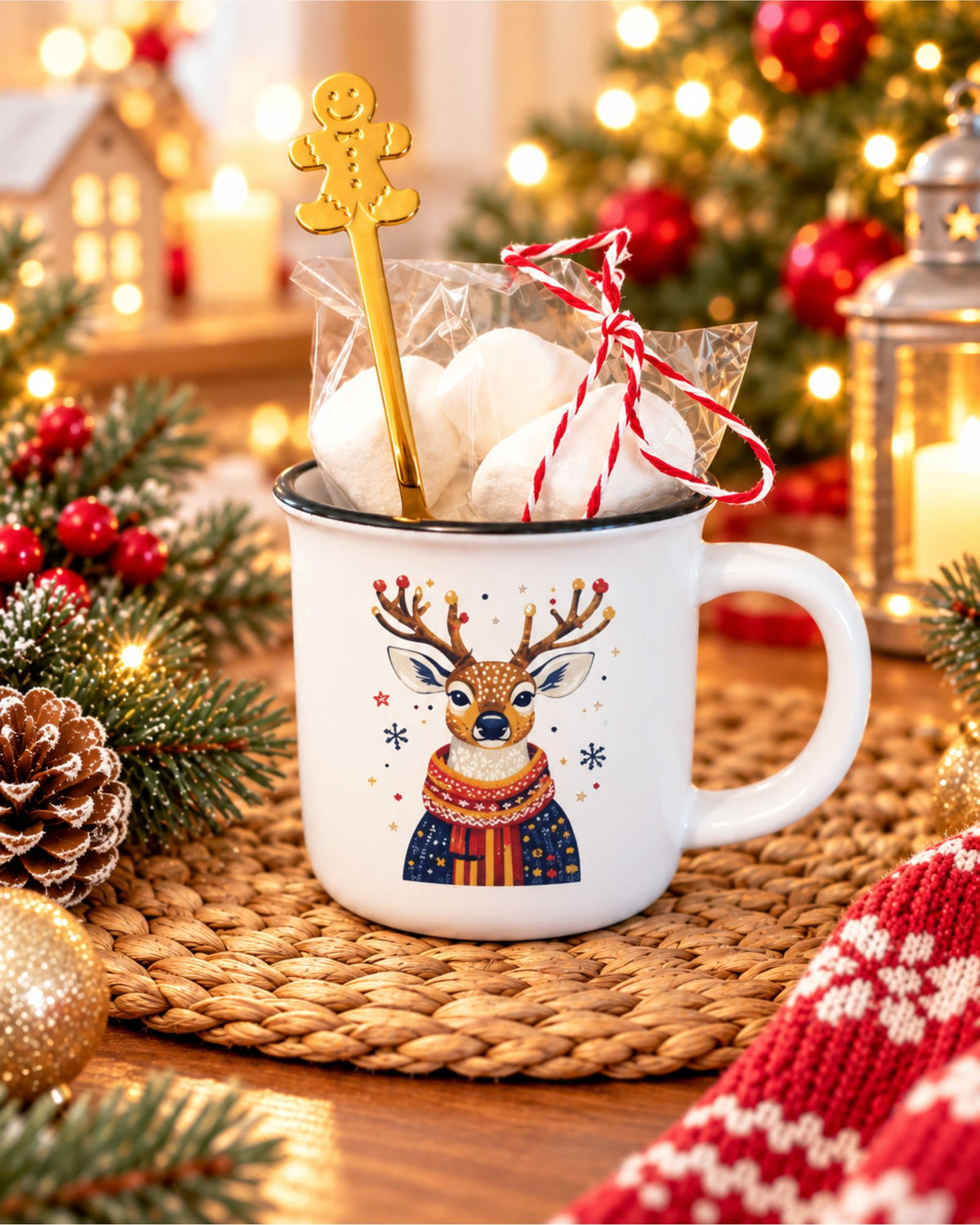 Taza de Navidad  reno con jersey-personalizable con nombre MiDuende