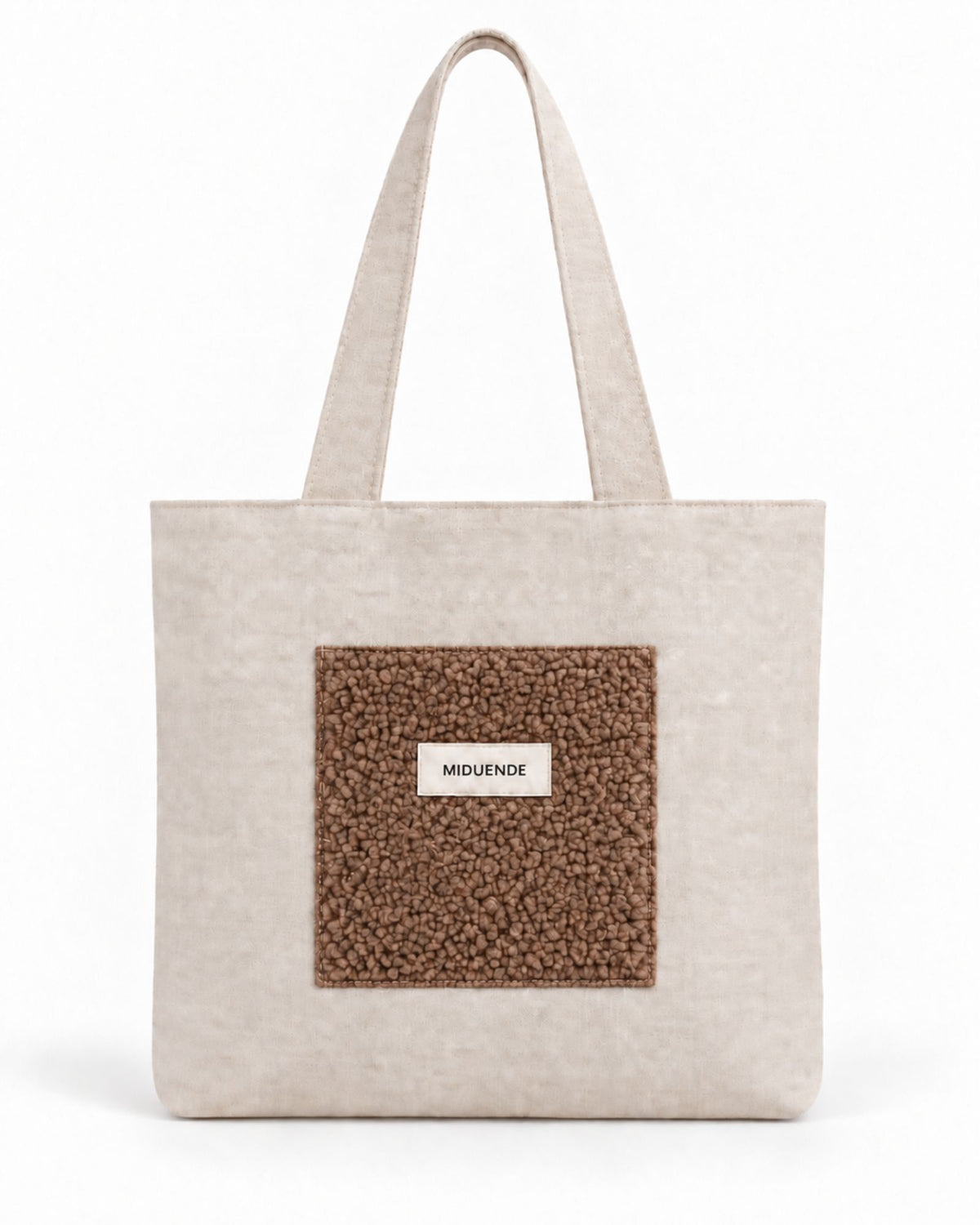 Bolso Tote de lino con bolsillo exterior de borreguito marrón. Muy cómodo y práctico.