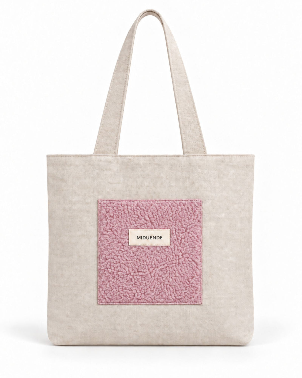 Bolso Tote de lino con bolsillo exterior de borreguito rosa. Muy cómodo y práctico.