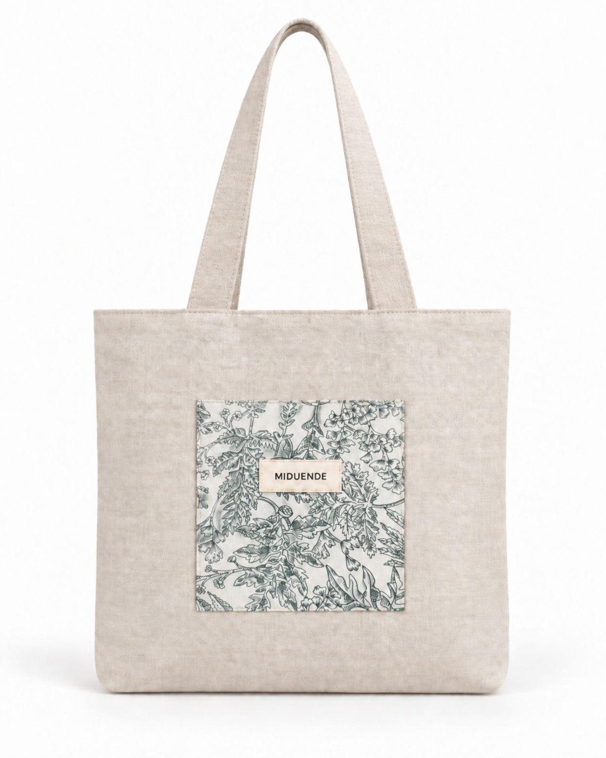 Bolso totebag de lino con amplio bolsillo exterior acolchada en Jara verde
