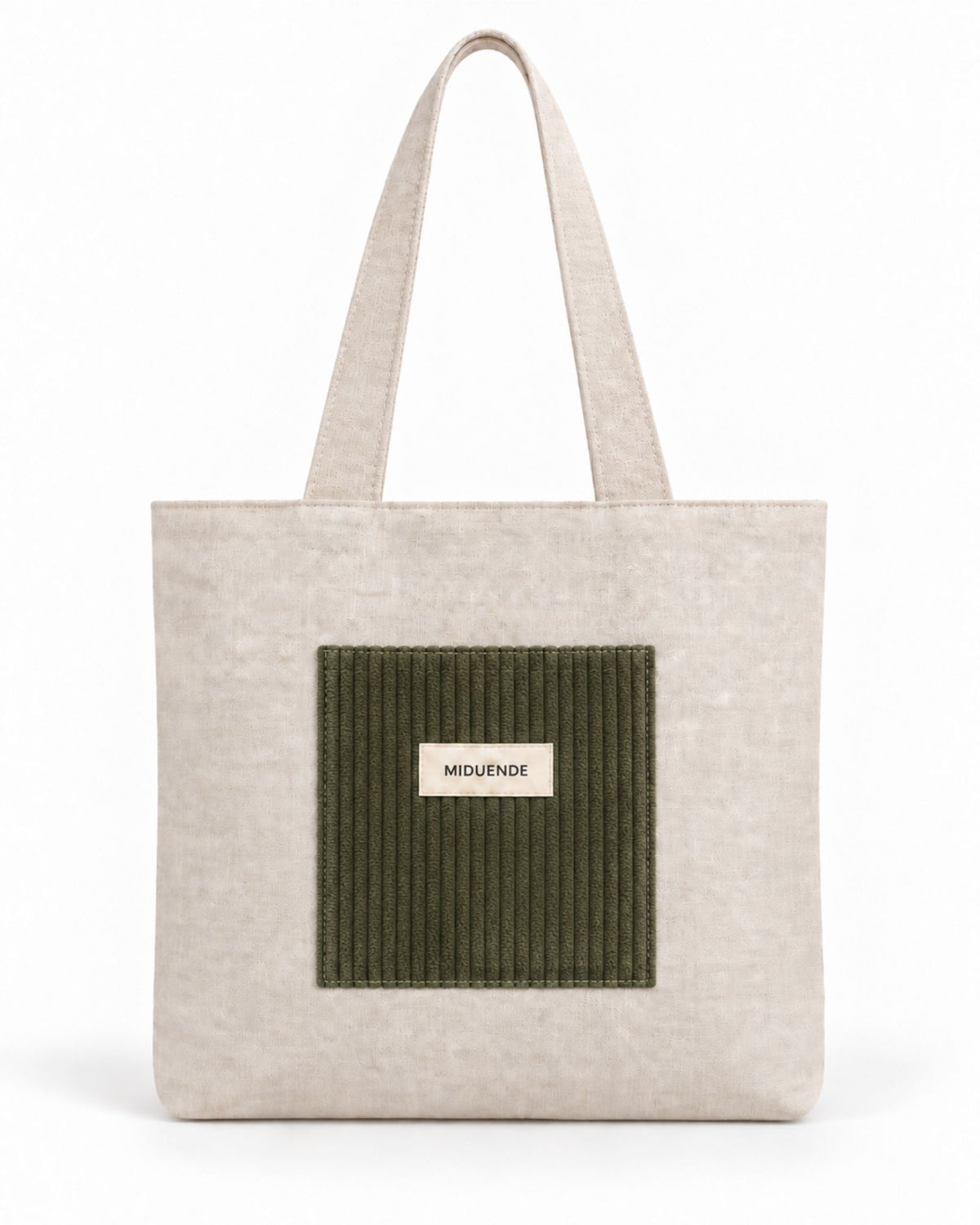Bolso Tote de lino con bolsilloesterior de pana color verde militar.
