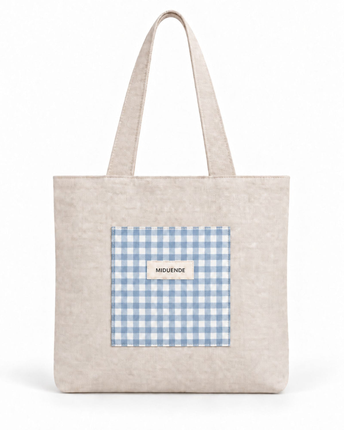Bolso tote de lino con bolsillo exterior en vichy azul empolvado