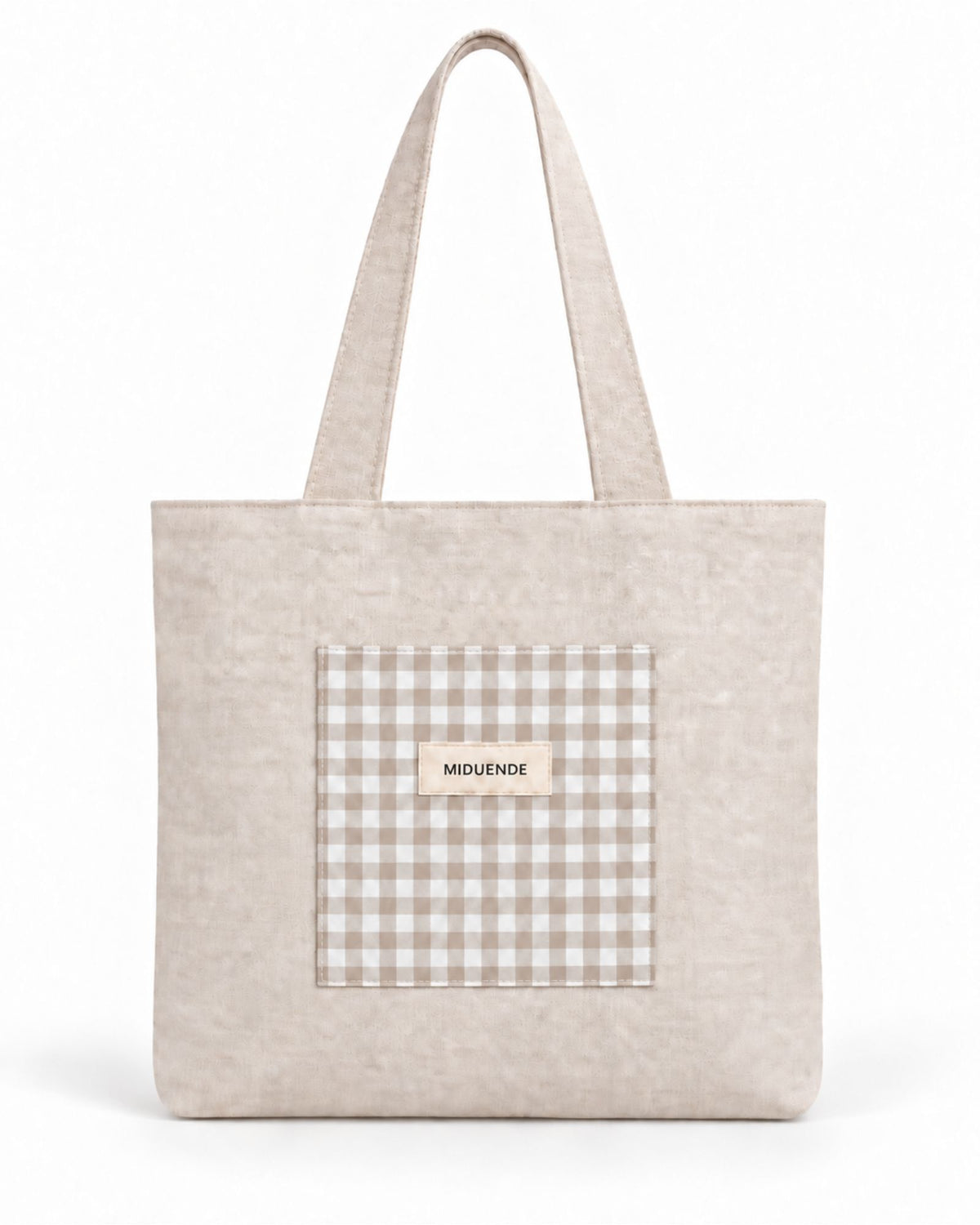 Bolso totebag de lino natural con bolsillo exterior en vichy beige