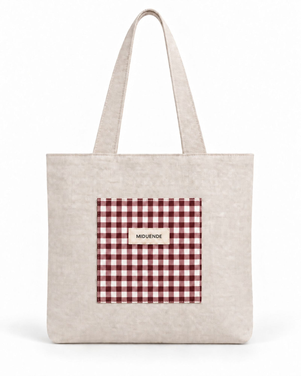 Bolso totebag de lino natural con bolsillo exterior en vichy burdeos