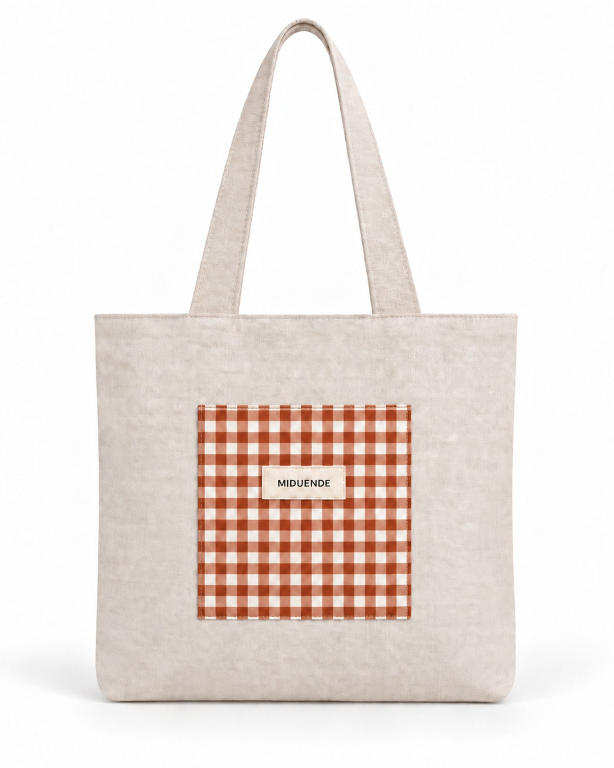 Bolso totebag de lino natural con bolsillo exterior en vichy caldera