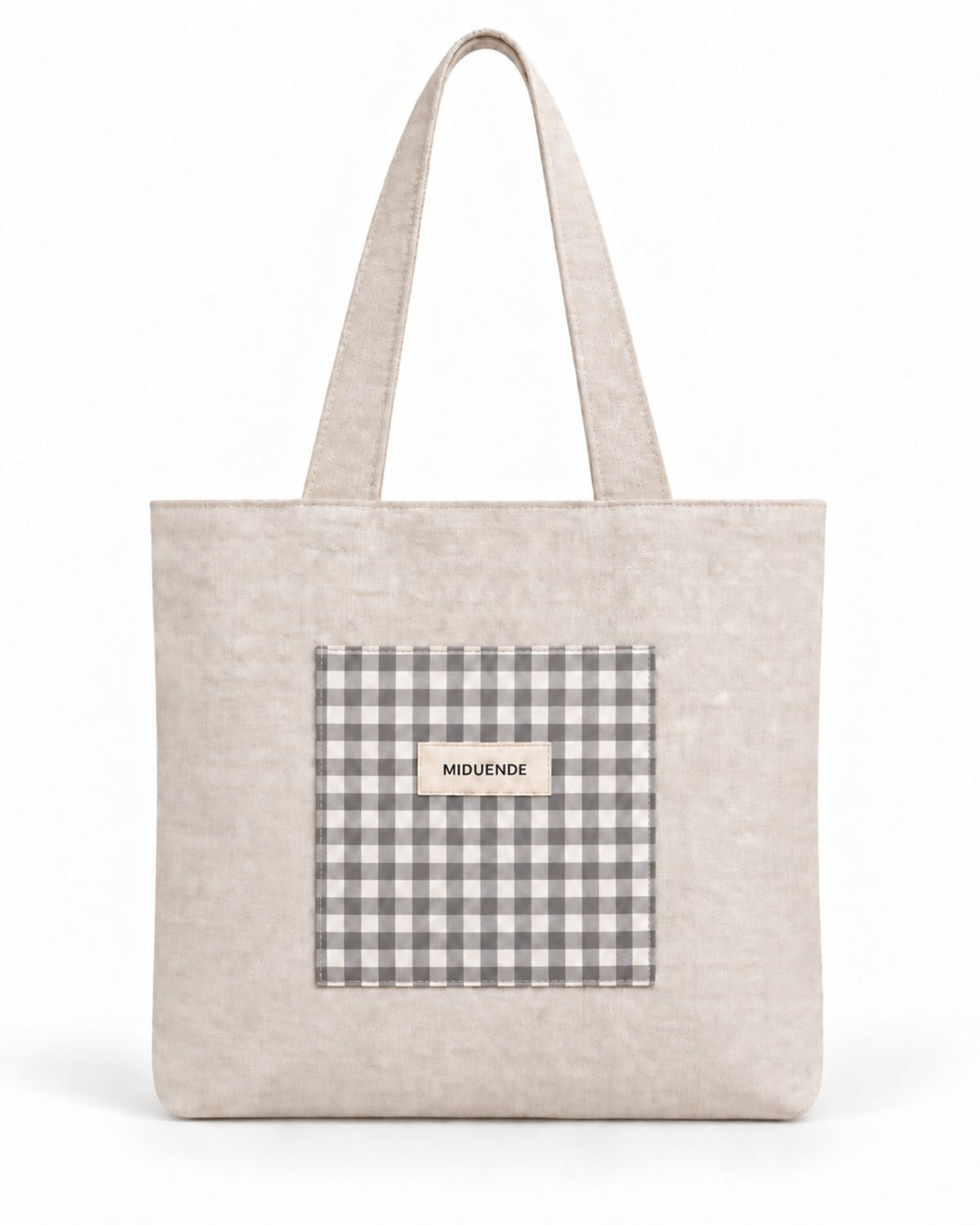 Bolso totebag de lino natural con bolsillo exterior en vichy gris