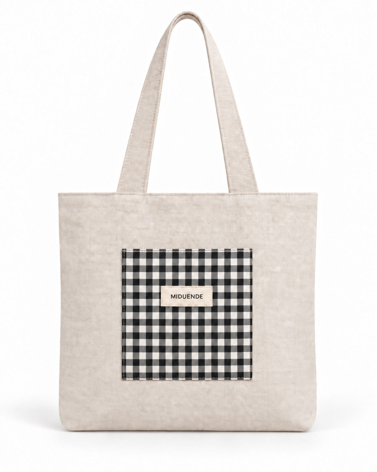 Bolso totebag de lino natural con bolsillo exterior en vichy negro
