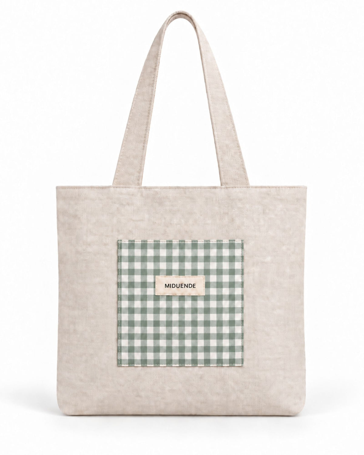Bolso totebag de lino natural con bolsillo exterior en vichy verde
